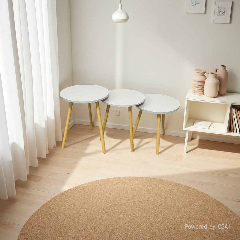 The light wood-colored three-legged coffee table set includes three white round tabletop coffee tables and a small coffee table