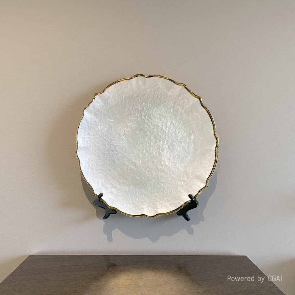 Round, golden-framed, white plate, glass plate, Western tableware, fruit plate Application Scenario