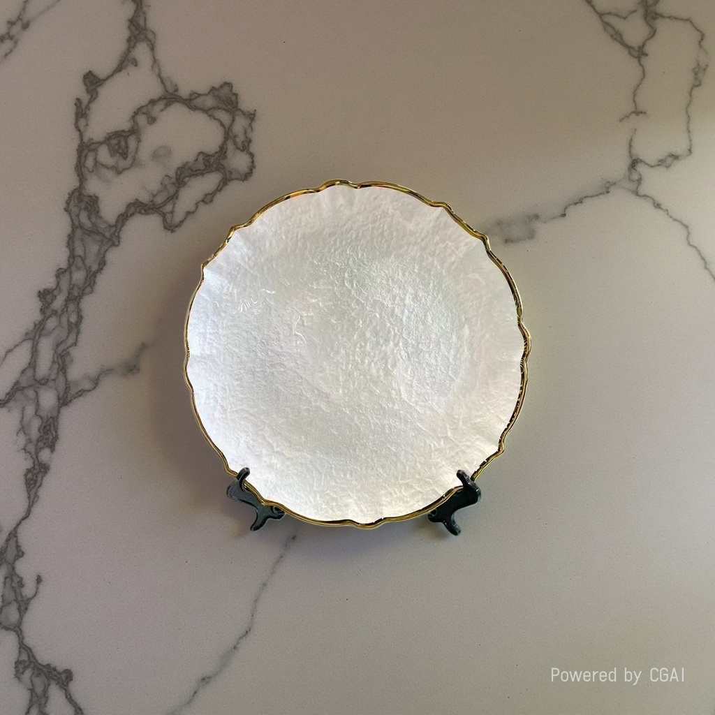 Round, golden-framed, white plate, glass plate, Western tableware, fruit plate details Picture