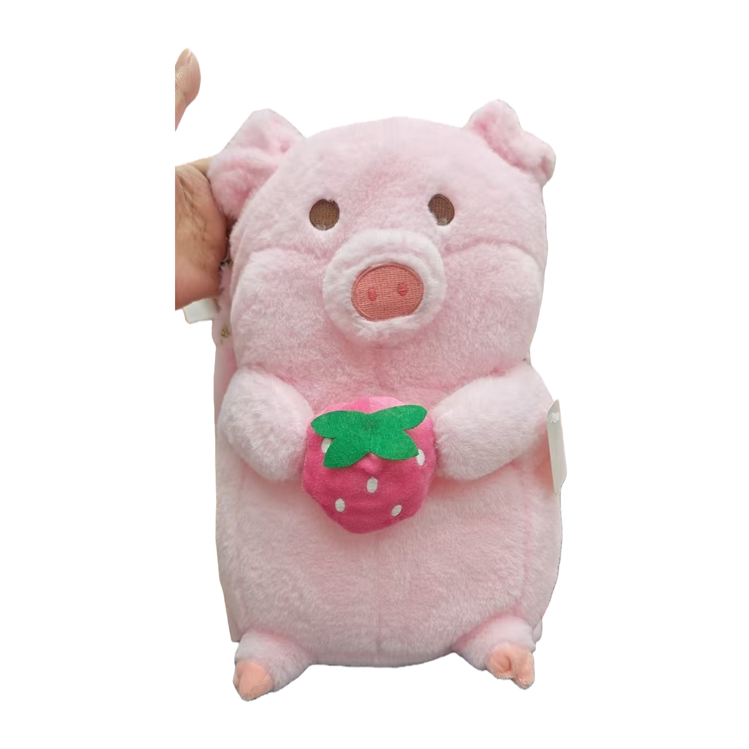 A pink piglet plush toy with a strawberry pattern in hand, a trendy plush schoolbag Item Picture