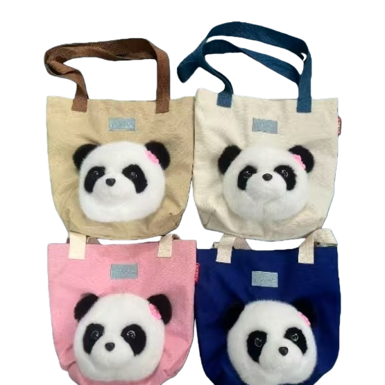 Cute flower panda single-shoulder bag, Tote cartoon canvas bag, large capacity doll zipper, plush toy back Item Picture
