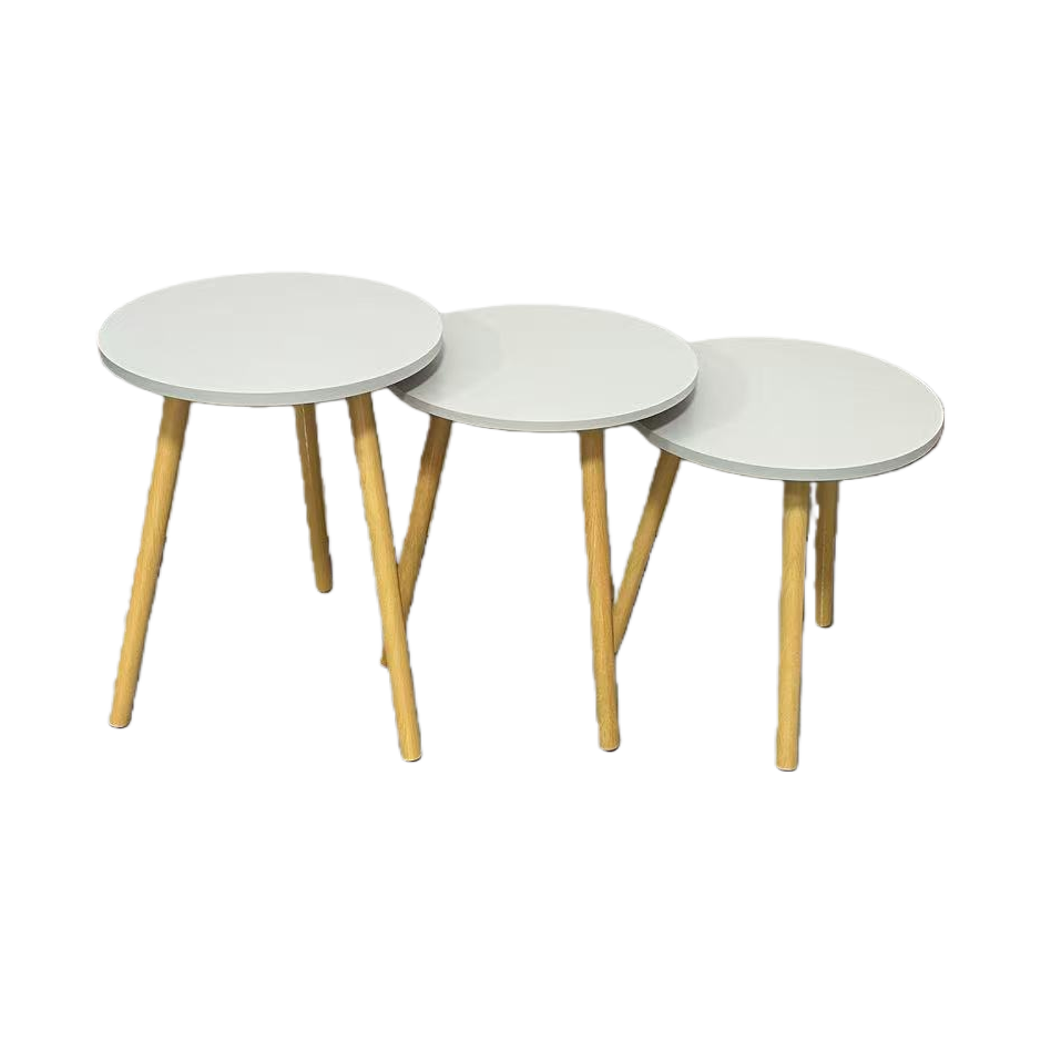 The light wood-colored three-legged coffee table set includes three white round tabletop coffee tables and a small coffee table Item Picture