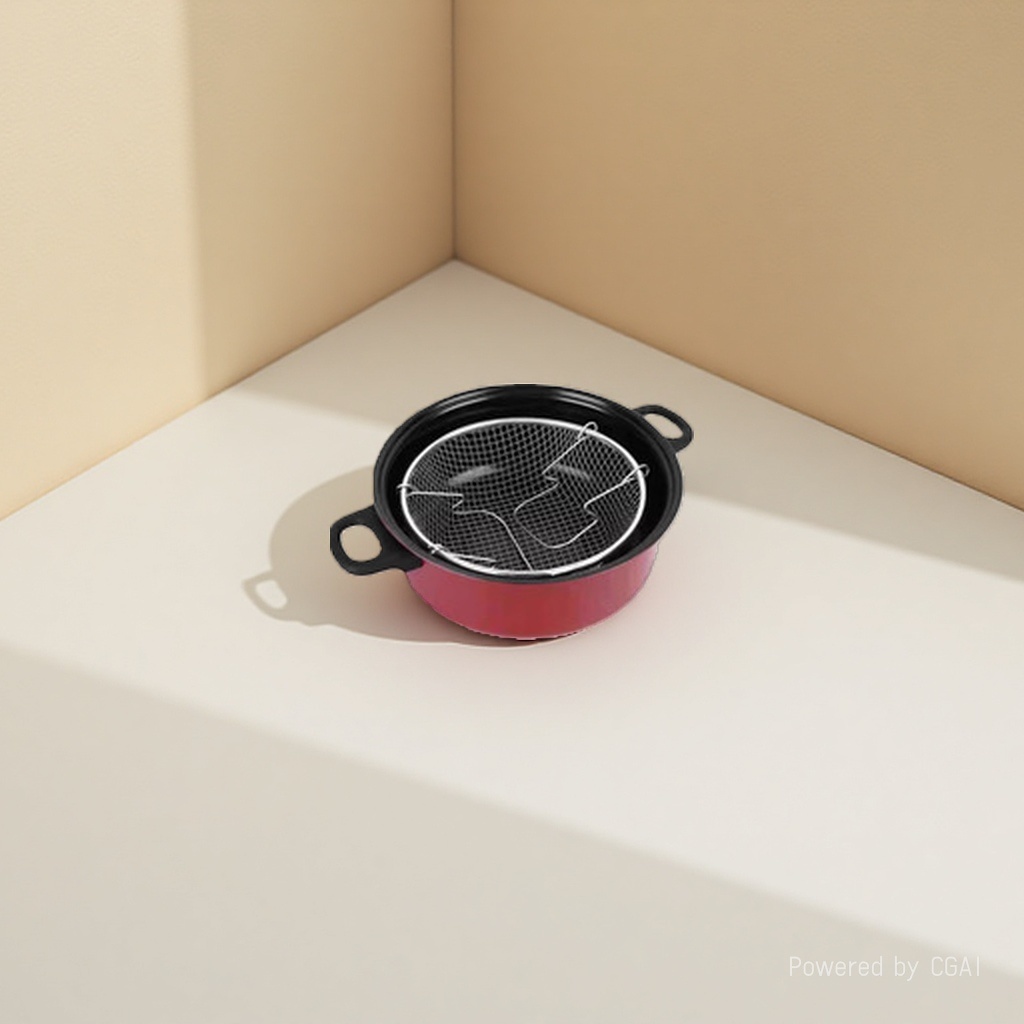 Red non-stick pan with black lid, metal filter, silicone spatula, tableware and kitchenware set Application Scenario