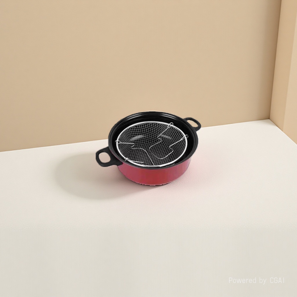 Red non-stick pan with black lid, metal filter, silicone spatula, tableware and kitchenware set details Picture