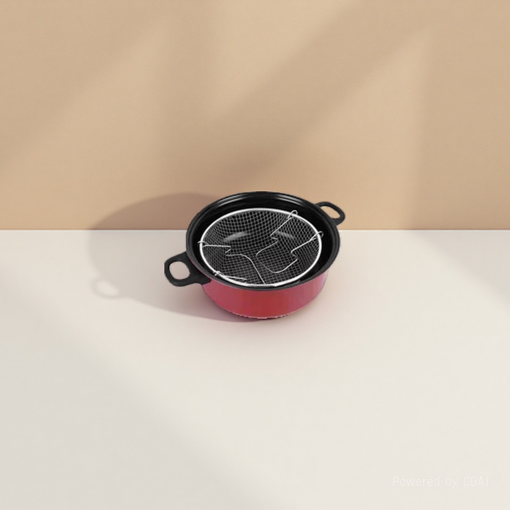 Red non-stick pan with black lid, metal filter, silicone spatula, tableware and kitchenware set