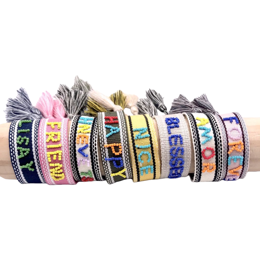 Factory direct sales, cross-border European and American ethnic style hand-embroidered imported rice beads, customizable letter ribbon tassel wristband 112113294 Item Picture