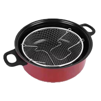 Red non-stick pan with black lid, metal filter, silicone spatula, tableware and kitchenware set Item Picture