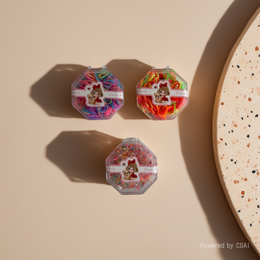 Colorful rubber bands with transparent octagonal boxes and other plastic hair accessories in rubber band boxes