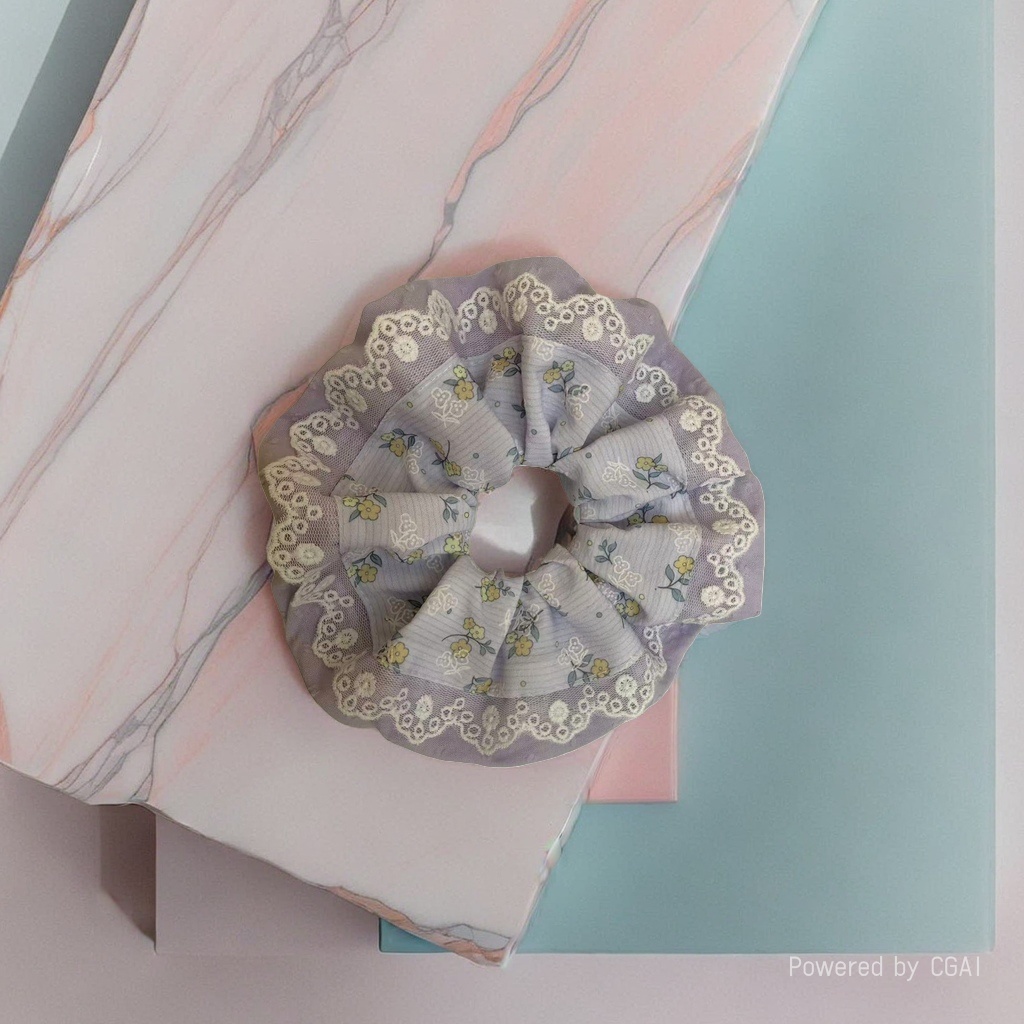 紫色花卉蕾丝大肠发圈方巾发饰 丝绒质感 宽版显脸小 日常扎发饰品