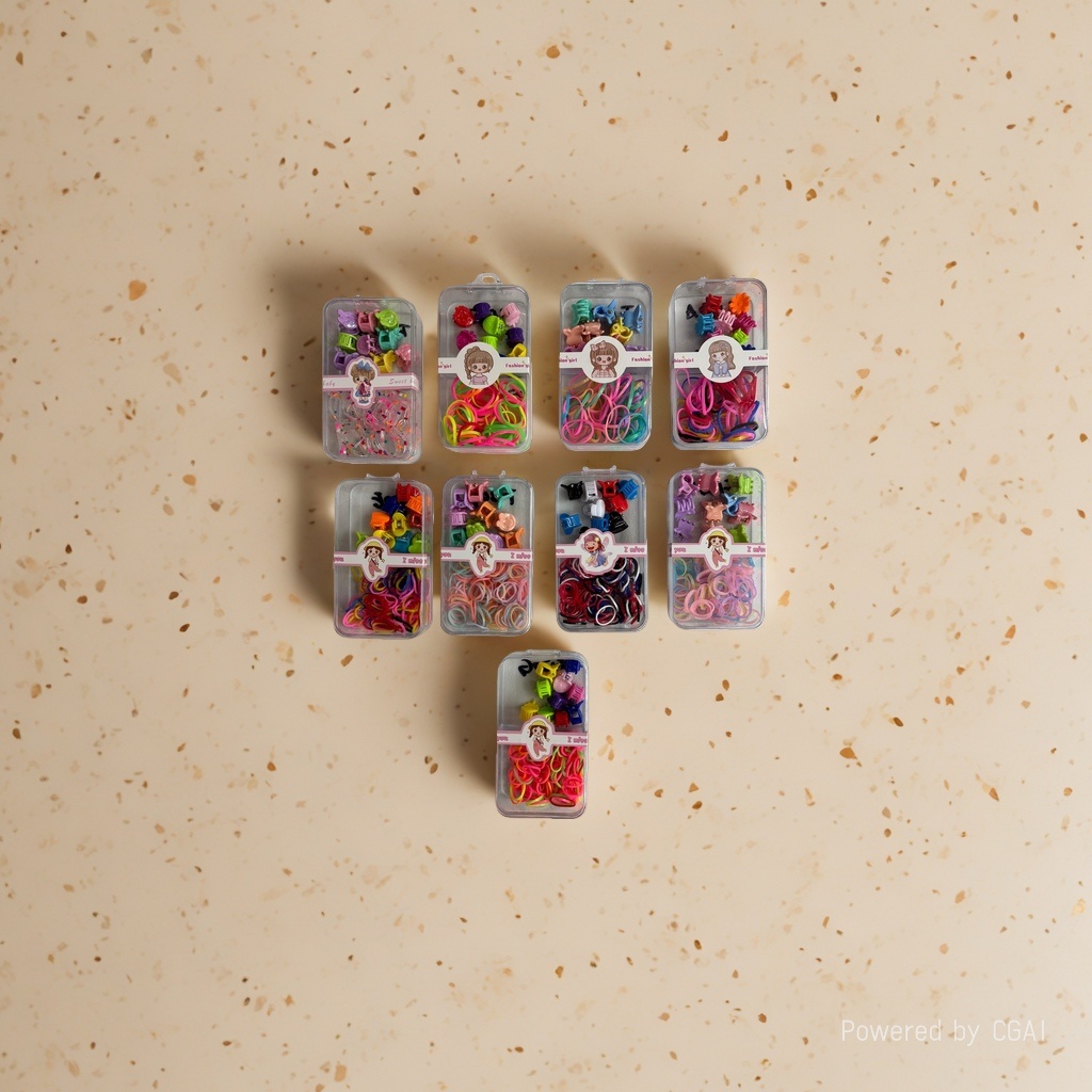 A set of colorful hair bands and rubber bands, including a handkerchief and a transparent box of women's hair accessories details Picture