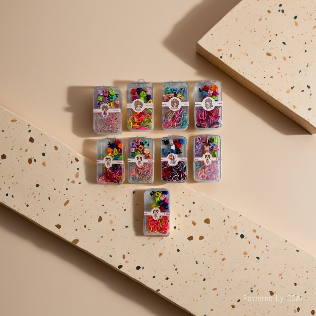 A set of colorful hair bands and rubber bands, including a handkerchief and a transparent box of women's hair accessories Application Scenario