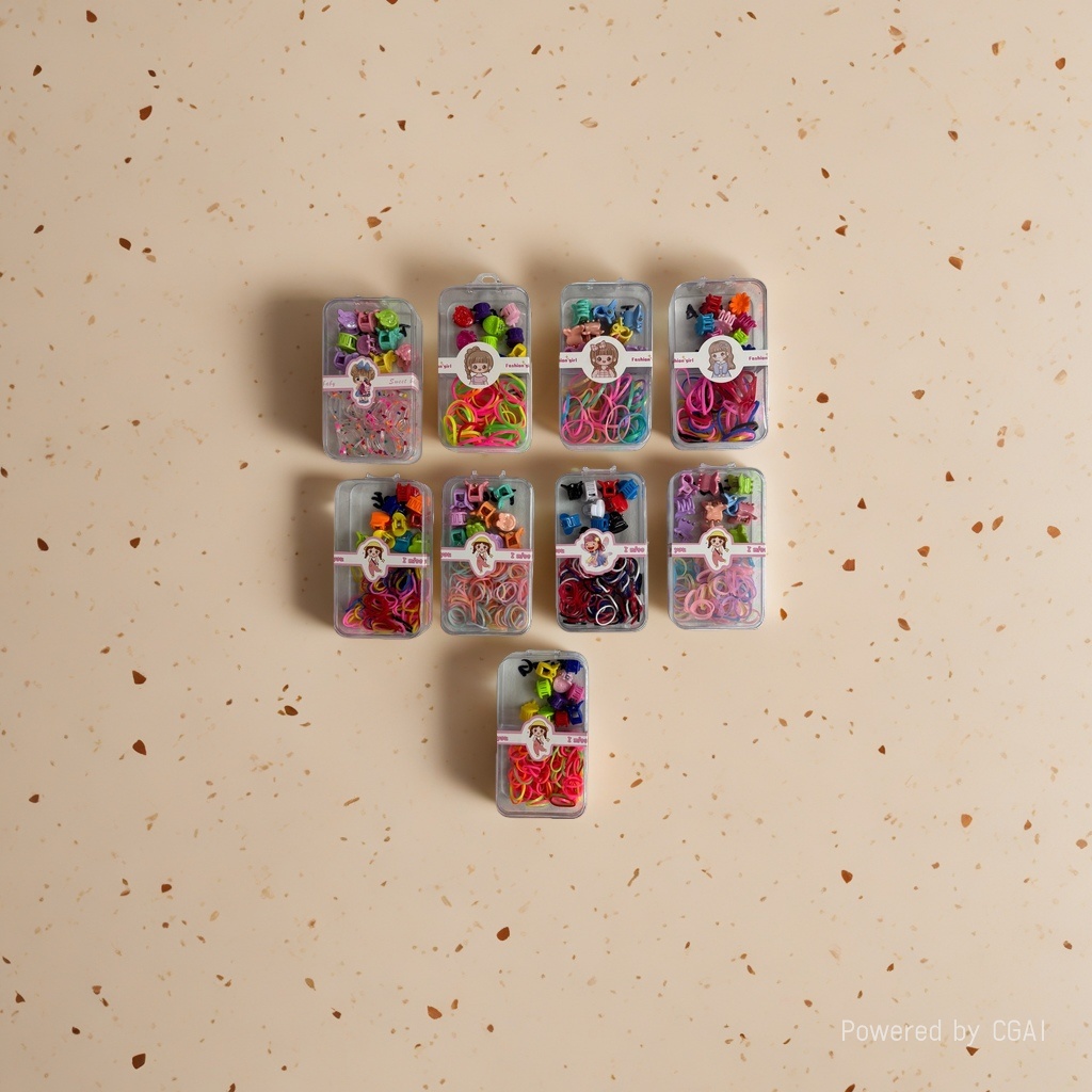 A set of colorful hair bands and rubber bands, including a handkerchief and a transparent box of women's hair accessories Specification image