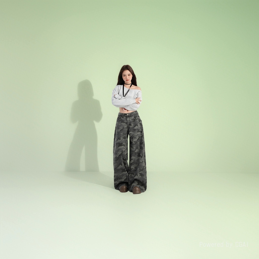 女士迷彩休闲裤微喇版型时尚简约高级百搭裤子