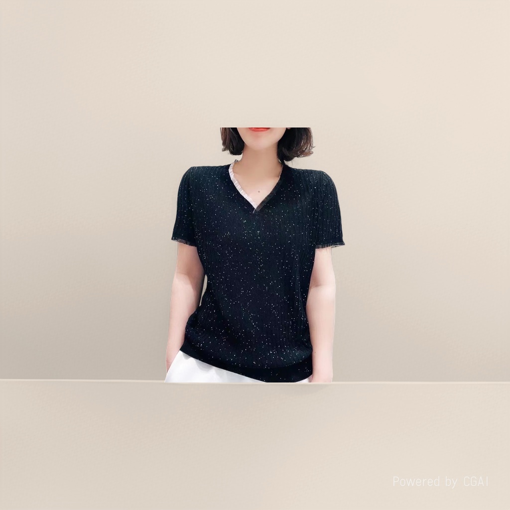 Diandian knitted top, short-sleeved V-neck, fashionable and comfortable fabric Specification image