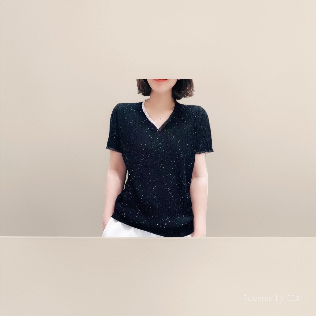 Diandian knitted top, short-sleeved V-neck, fashionable and comfortable fabric details Picture