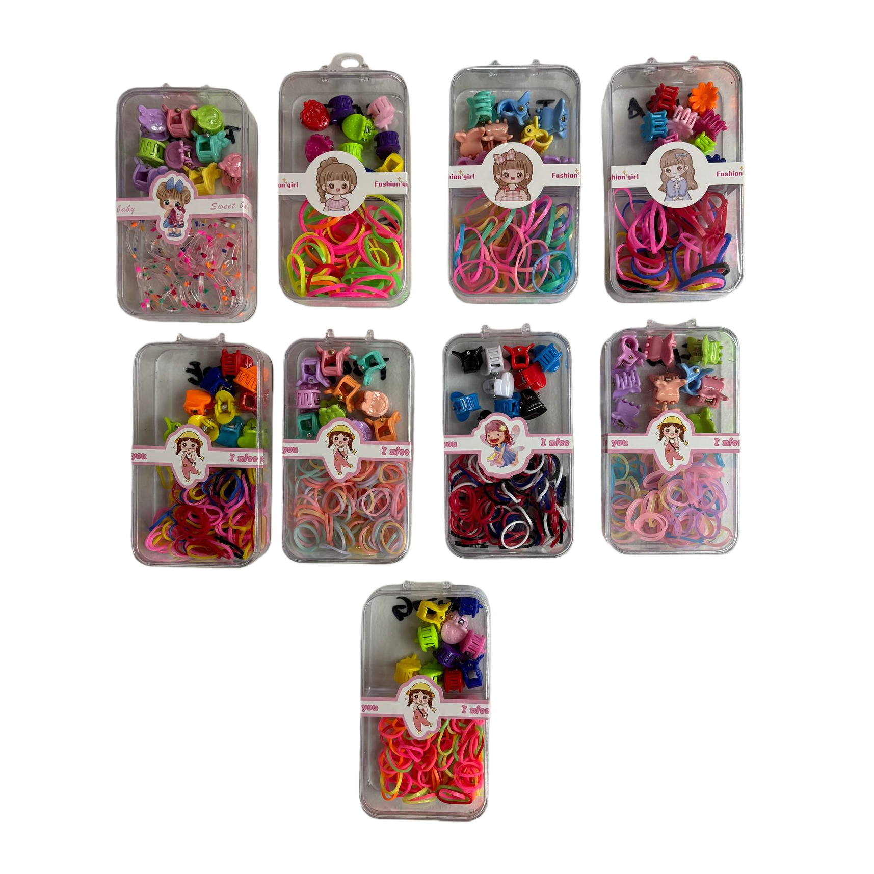 A set of colorful hair bands and rubber bands, including a handkerchief and a transparent box of women's hair accessories Item Picture