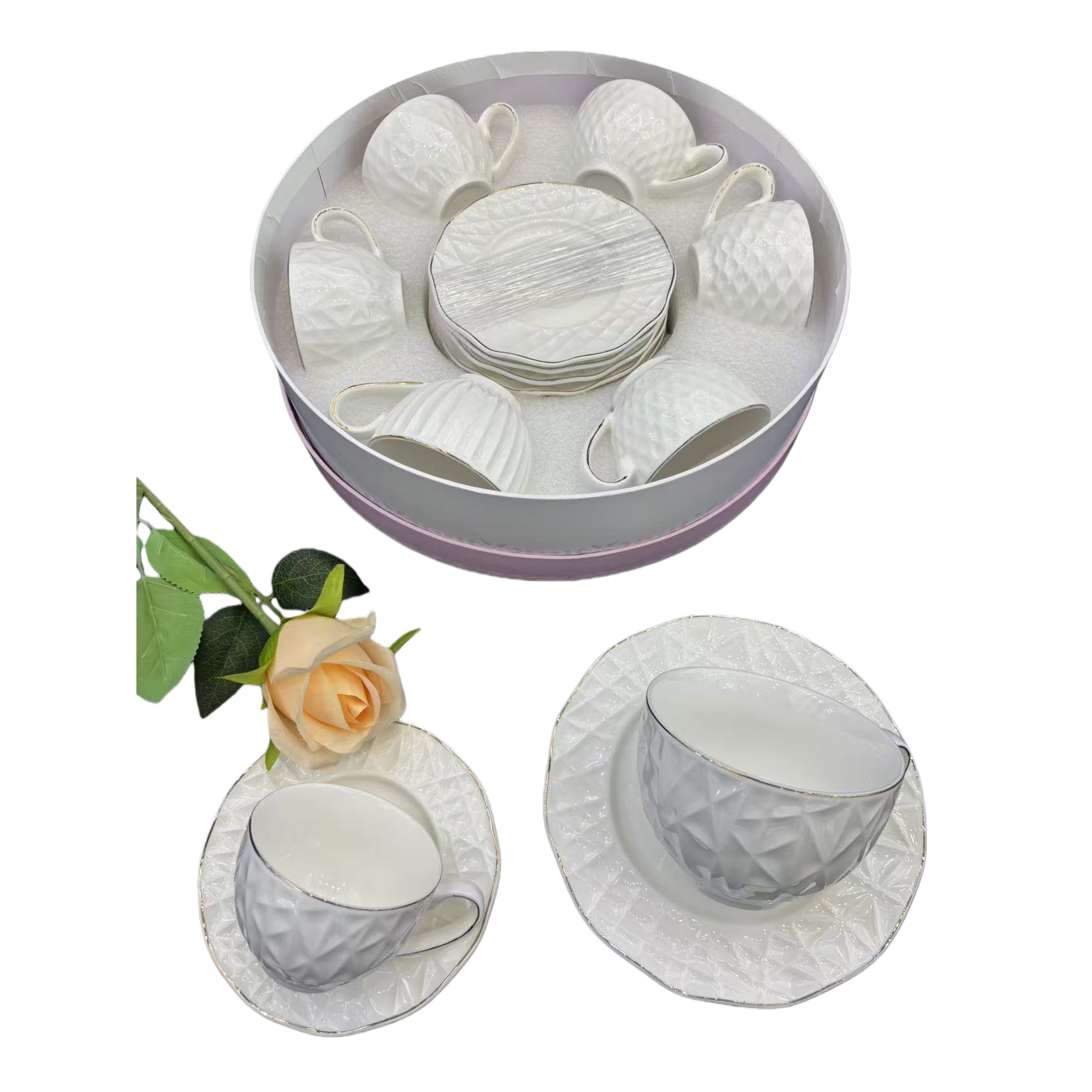 220cc ceramic tableware coffee cup and plate set, grid-patterned mug, milk spoon, European-style afternoon tea, exquisite large-capacity teapot, ceramic cup Item Picture