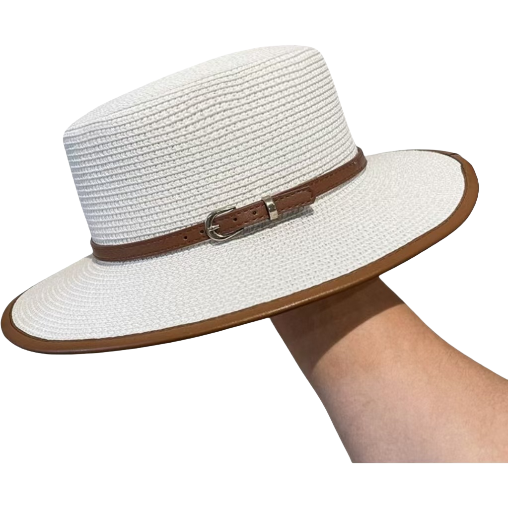 Summer straw hat for women, seaside flat-topped belt, metal buckle top hat, French retro flat-brimmed beach sun protection and shade hat