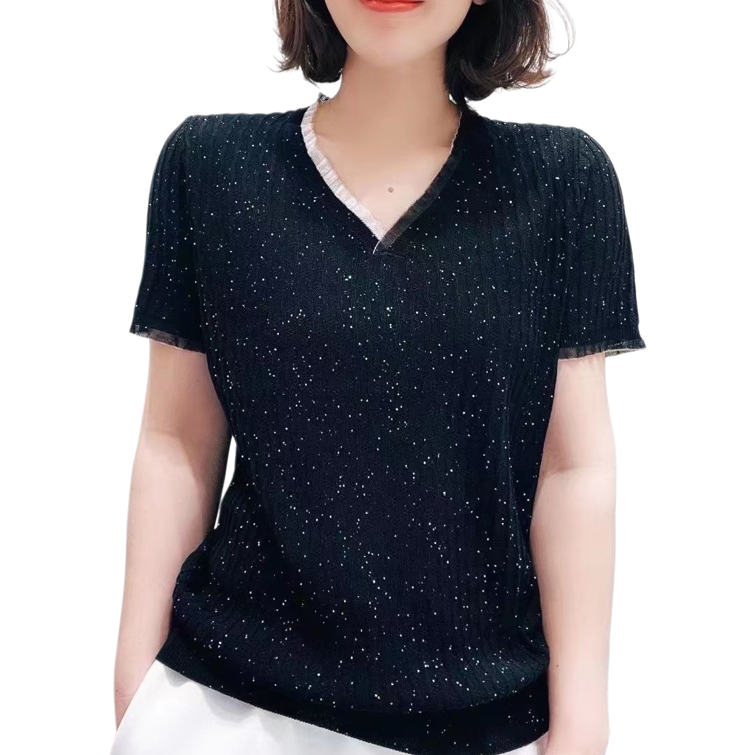 Diandian knitted top, short-sleeved V-neck, fashionable and comfortable fabric Item Picture