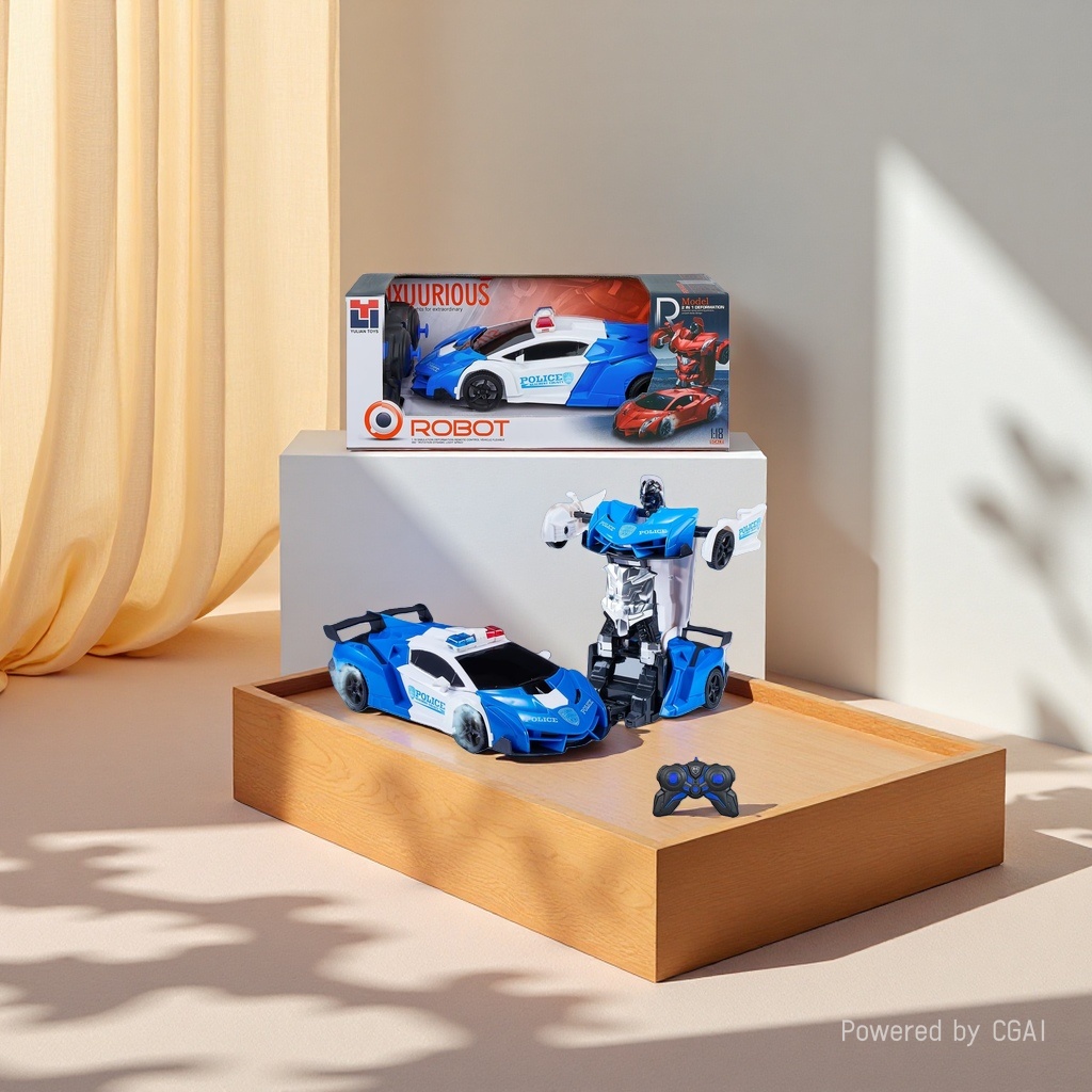 Blue and white remote-controlled transformable police car robot toy, children and boys remote control car Application Scenario