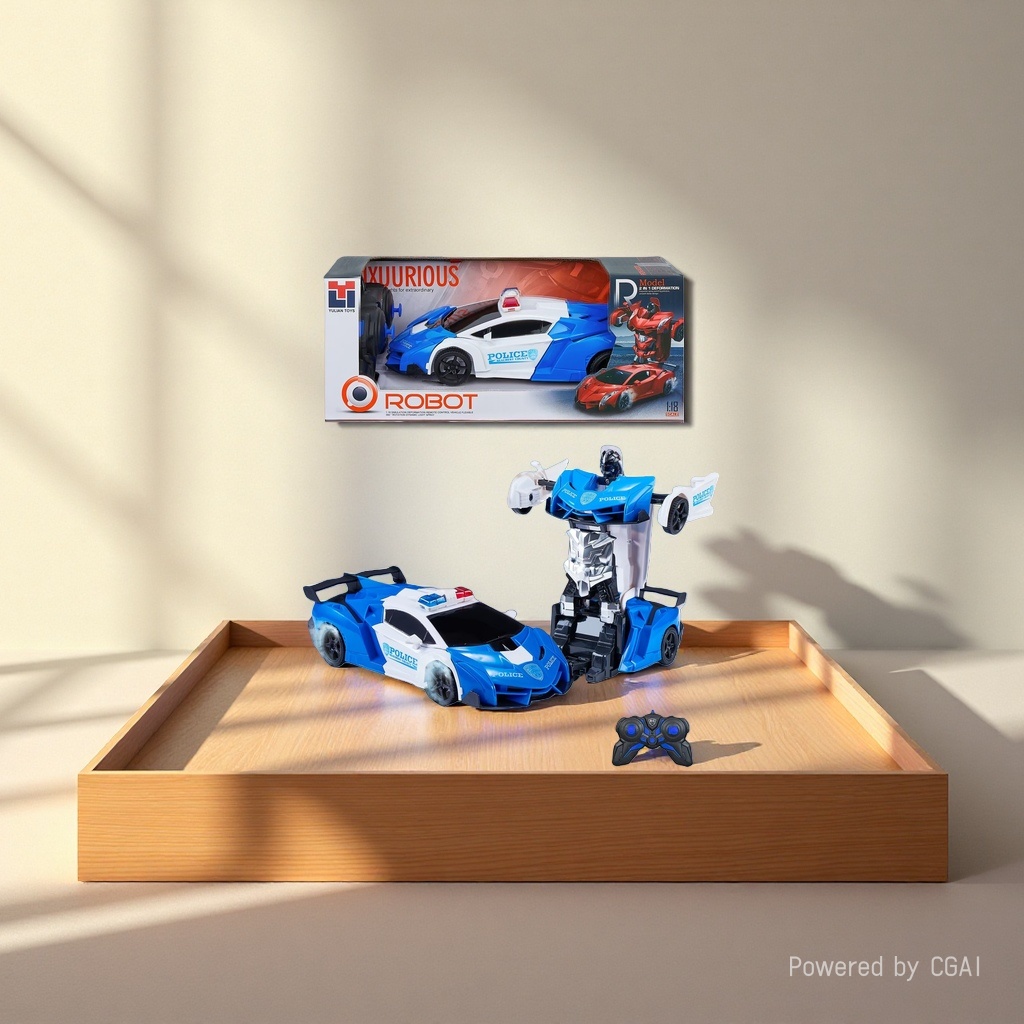 Blue and white remote-controlled transformable police car robot toy, children and boys remote control car details Picture