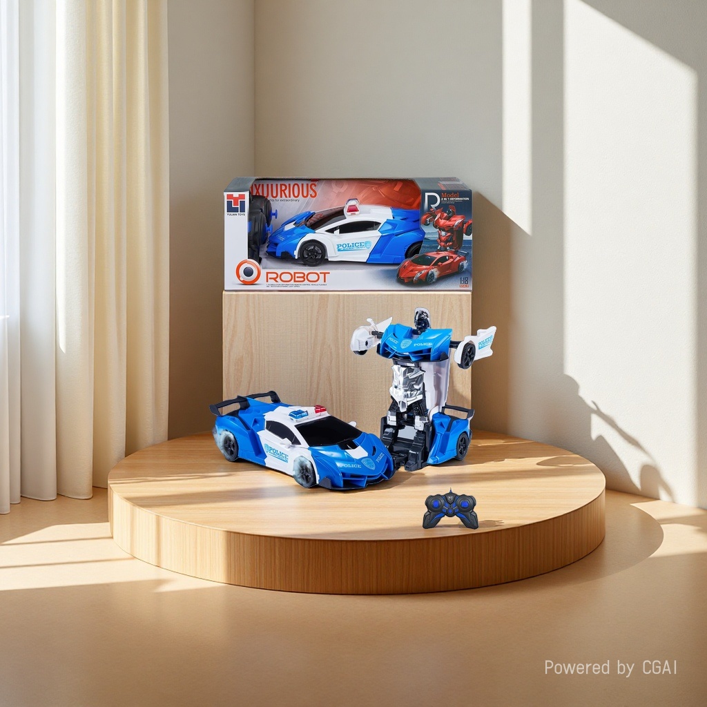 Blue and white remote-controlled transformable police car robot toy, children and boys remote control car Specification image