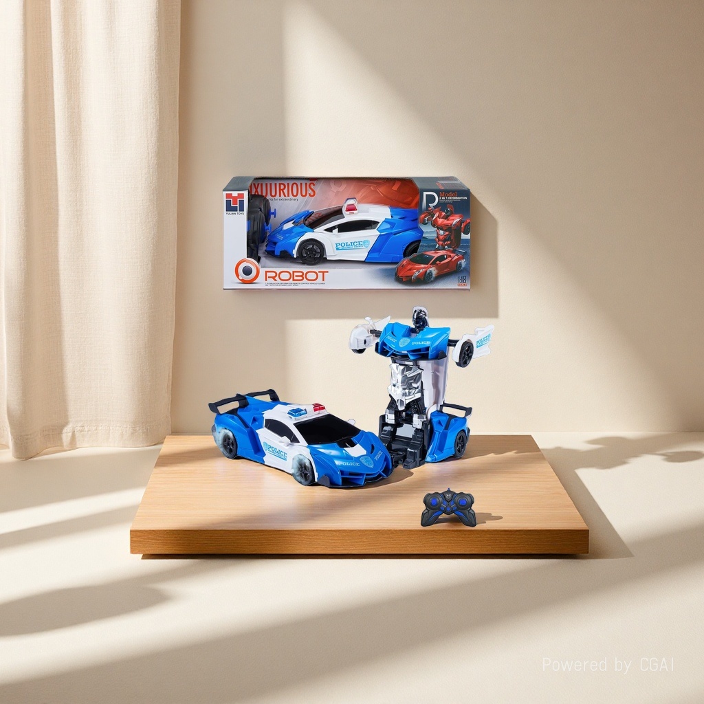 Blue and white remote-controlled transformable police car robot toy, children and boys remote control car Item Picture