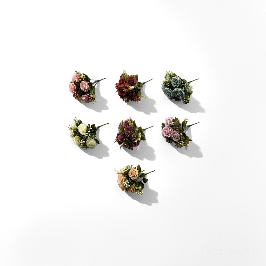 莫奈花园七色仿真玫瑰人造花束 塑料花朵装饰含绿叶小花
