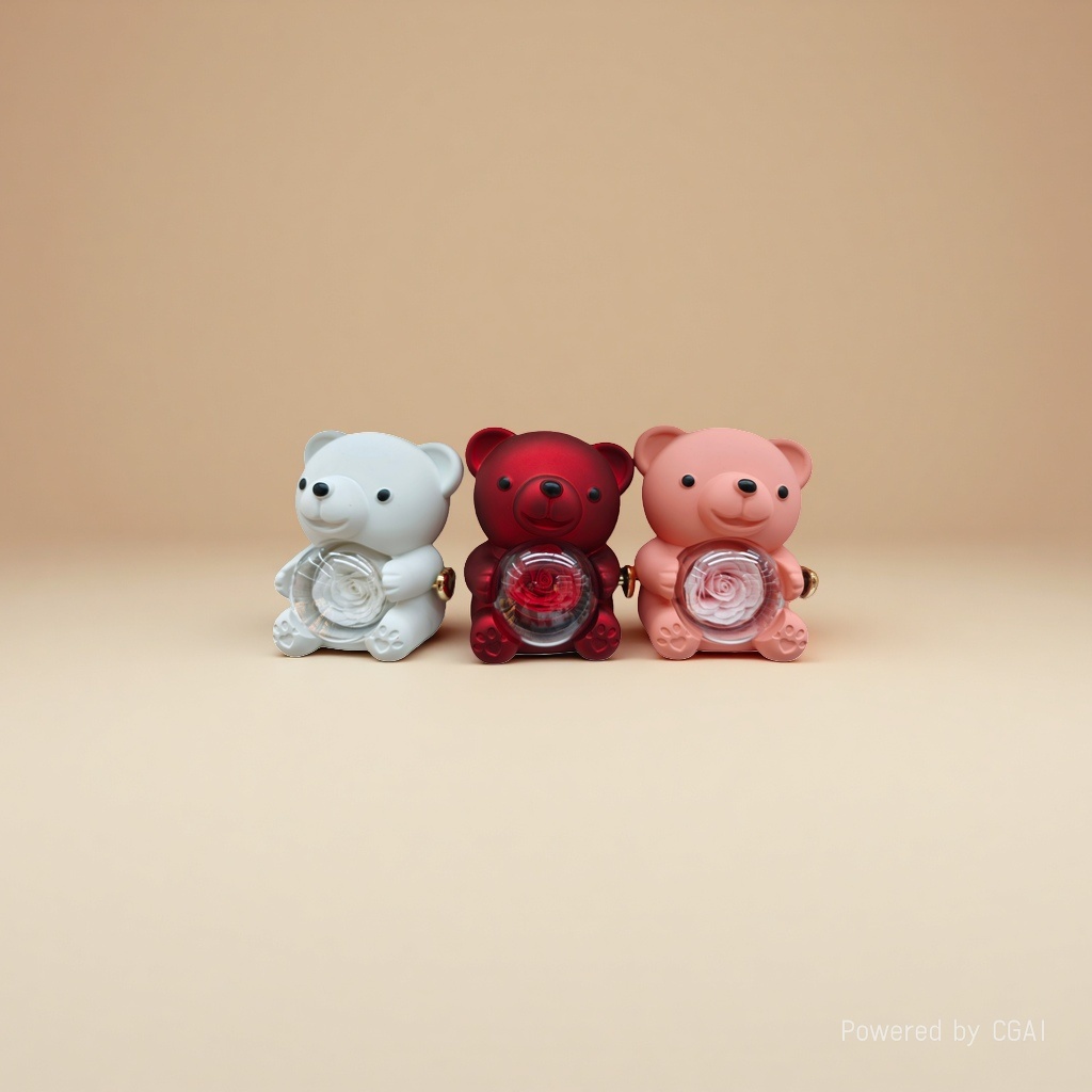 Cute little bear simulation dolls holding rose transparent balls are available in white, red and pink