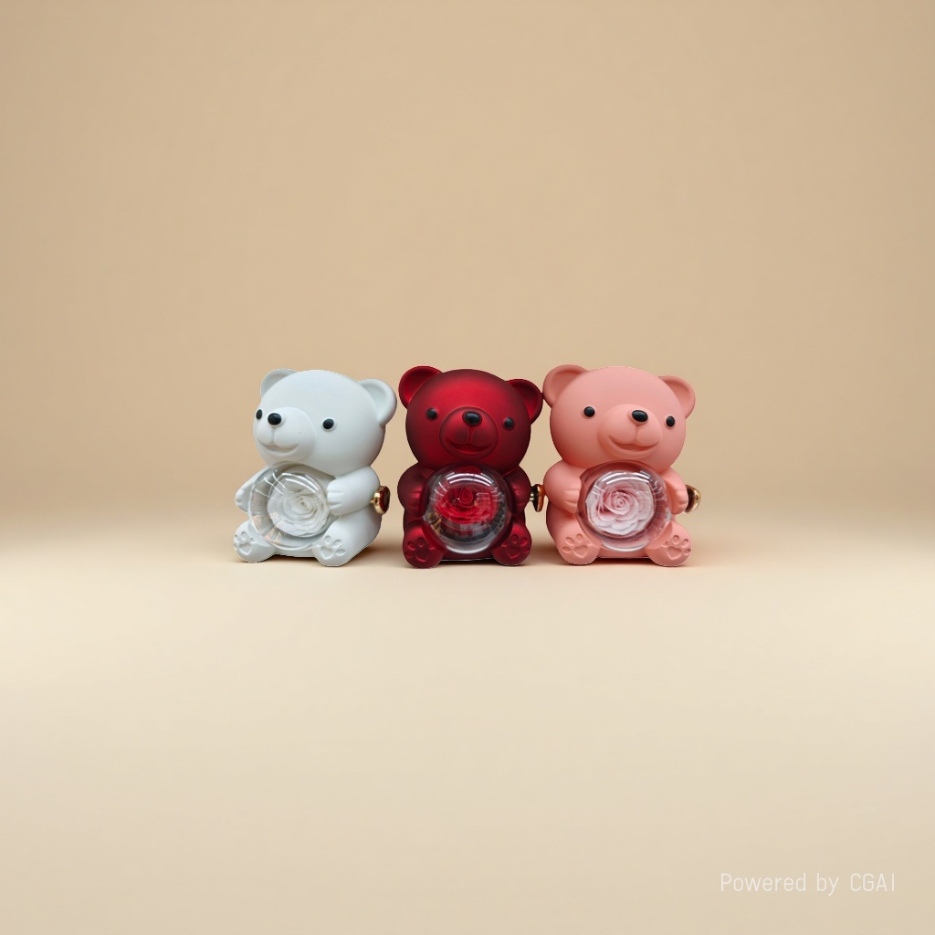 Cute little bear simulation dolls holding rose transparent balls are available in white, red and pink details Picture