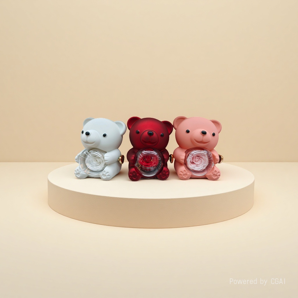Cute little bear simulation dolls holding rose transparent balls are available in white, red and pink Specification image