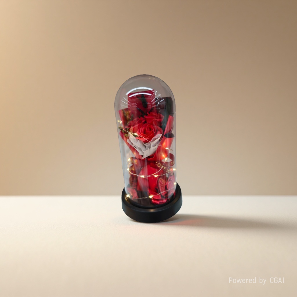 A simulated red rose glass cover with a flowing water ornament details Picture