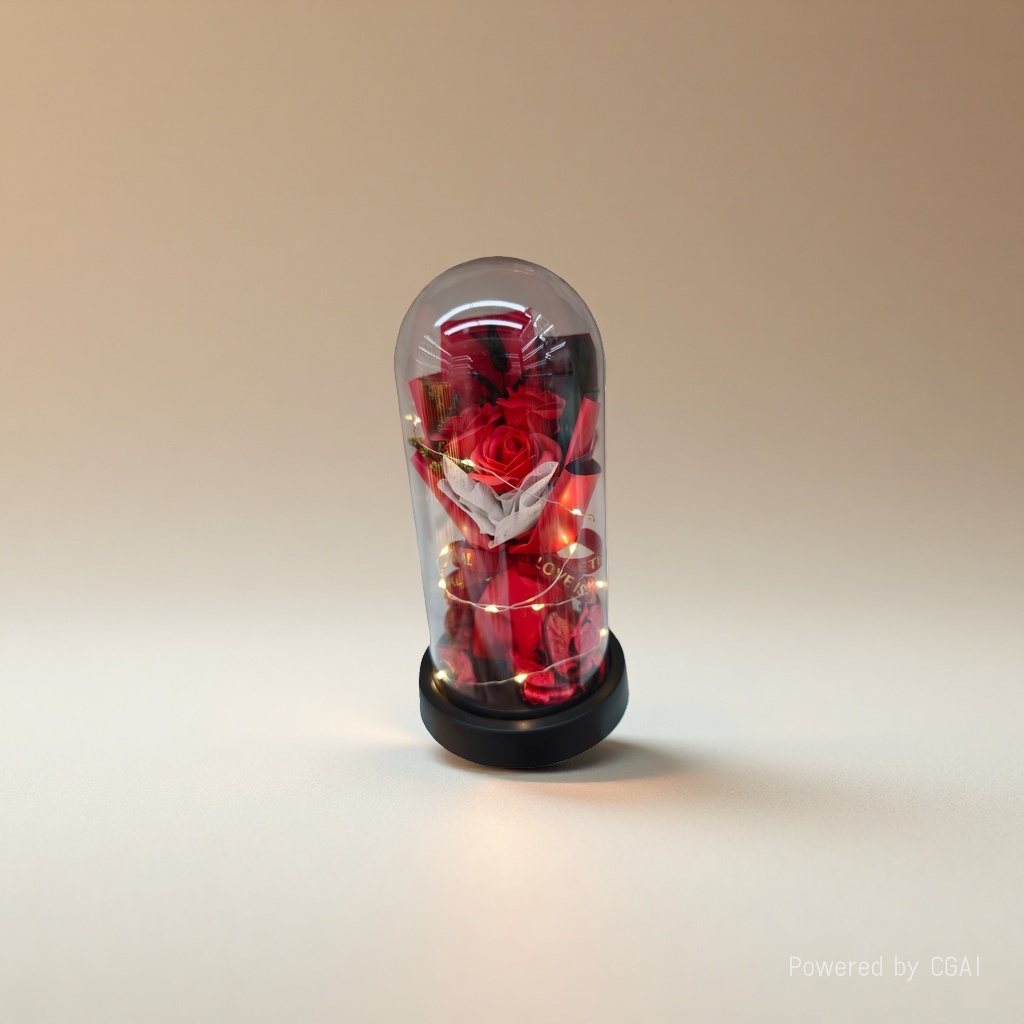 A simulated red rose glass cover with a flowing water ornament