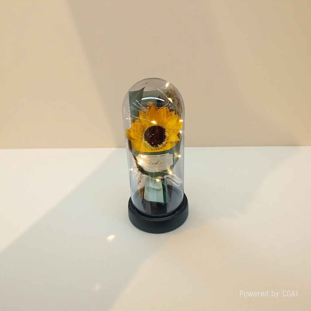 A sunflower bouquet with a transparent glass cover details Picture