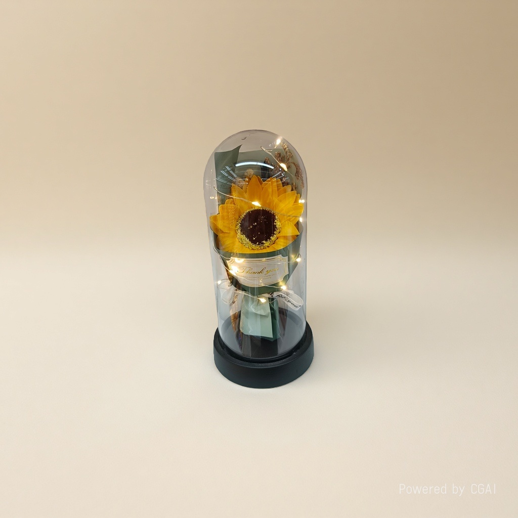A sunflower bouquet with a transparent glass cover Specification image