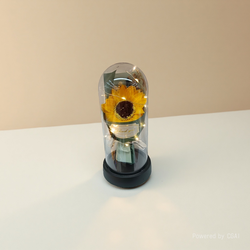 A sunflower bouquet with a transparent glass cover