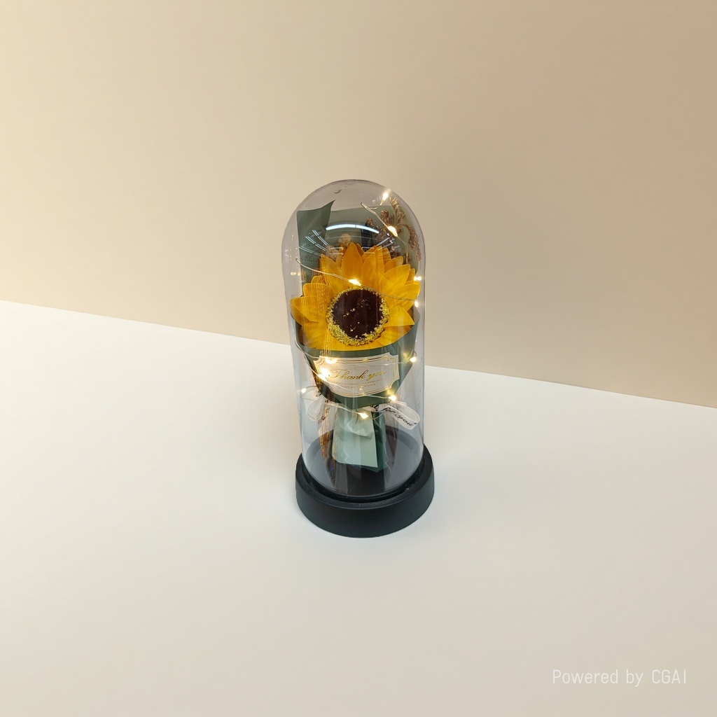 A sunflower bouquet with a transparent glass cover Application Scenario