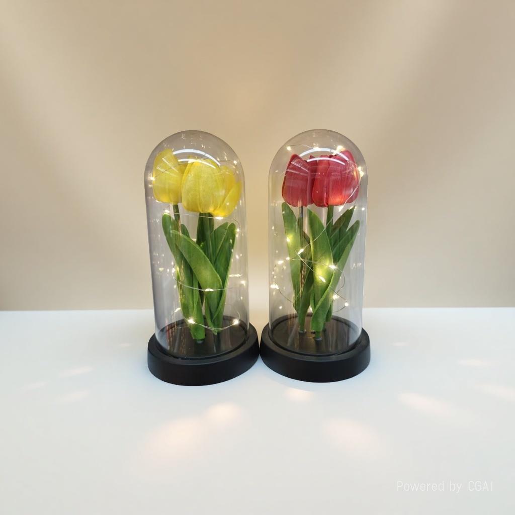 Monet's Garden faux tulip plastic bouquet, glass cover decoration, artificial flowers Specification image
