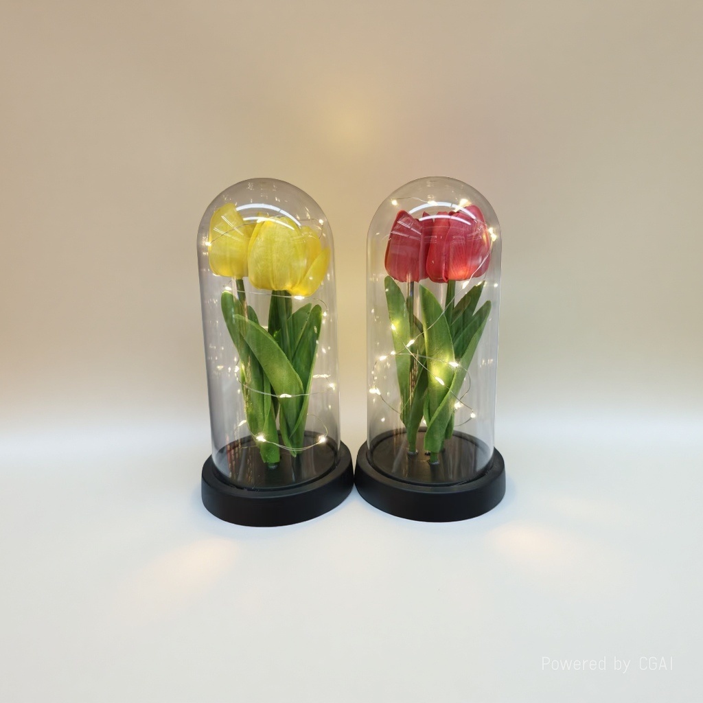 Monet's Garden faux tulip plastic bouquet, glass cover decoration, artificial flowers details Picture