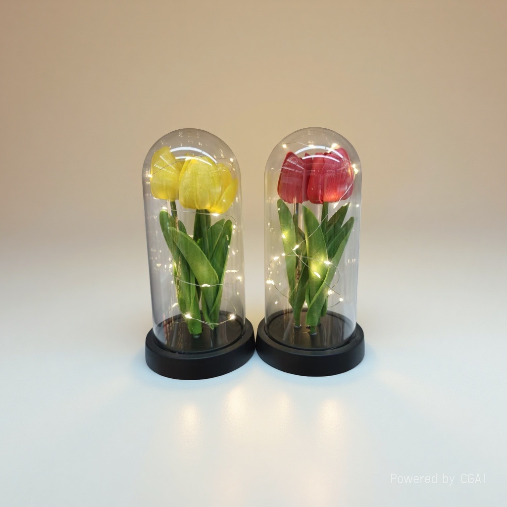 Monet's Garden faux tulip plastic bouquet, glass cover decoration, artificial flowers