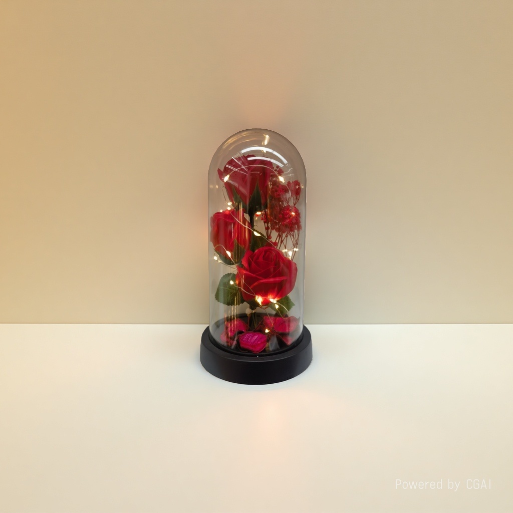 Artificial flower vase with glass cover for roses Specification image