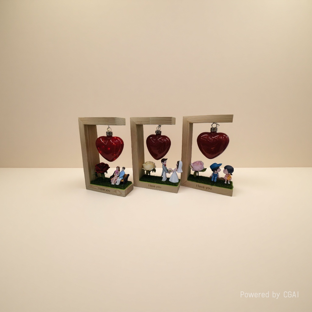 Three wooden photo frame ornaments with red heart-shaped pendants, simulated rose figure statues engraved with "I love you" at the bottom Application Scenario