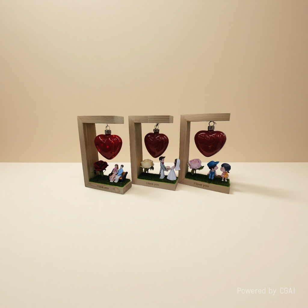 Three wooden photo frame ornaments with red heart-shaped pendants, simulated rose figure statues engraved with "I love you" at the bottom