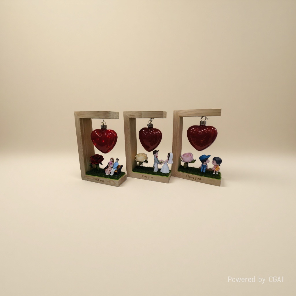 Three wooden photo frame ornaments with red heart-shaped pendants, simulated rose figure statues engraved with "I love you" at the bottom Specification image