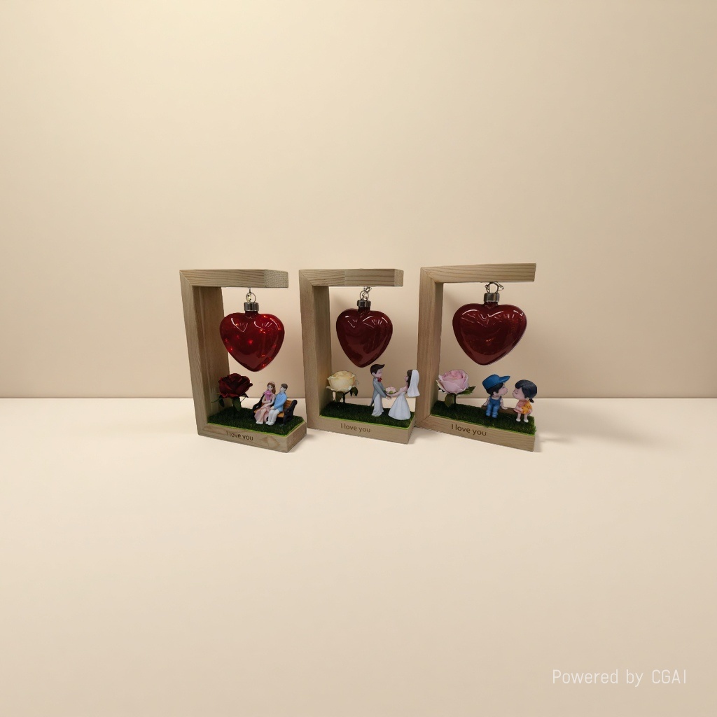 Three wooden photo frame ornaments with red heart-shaped pendants, simulated rose figure statues engraved with "I love you" at the bottom details Picture