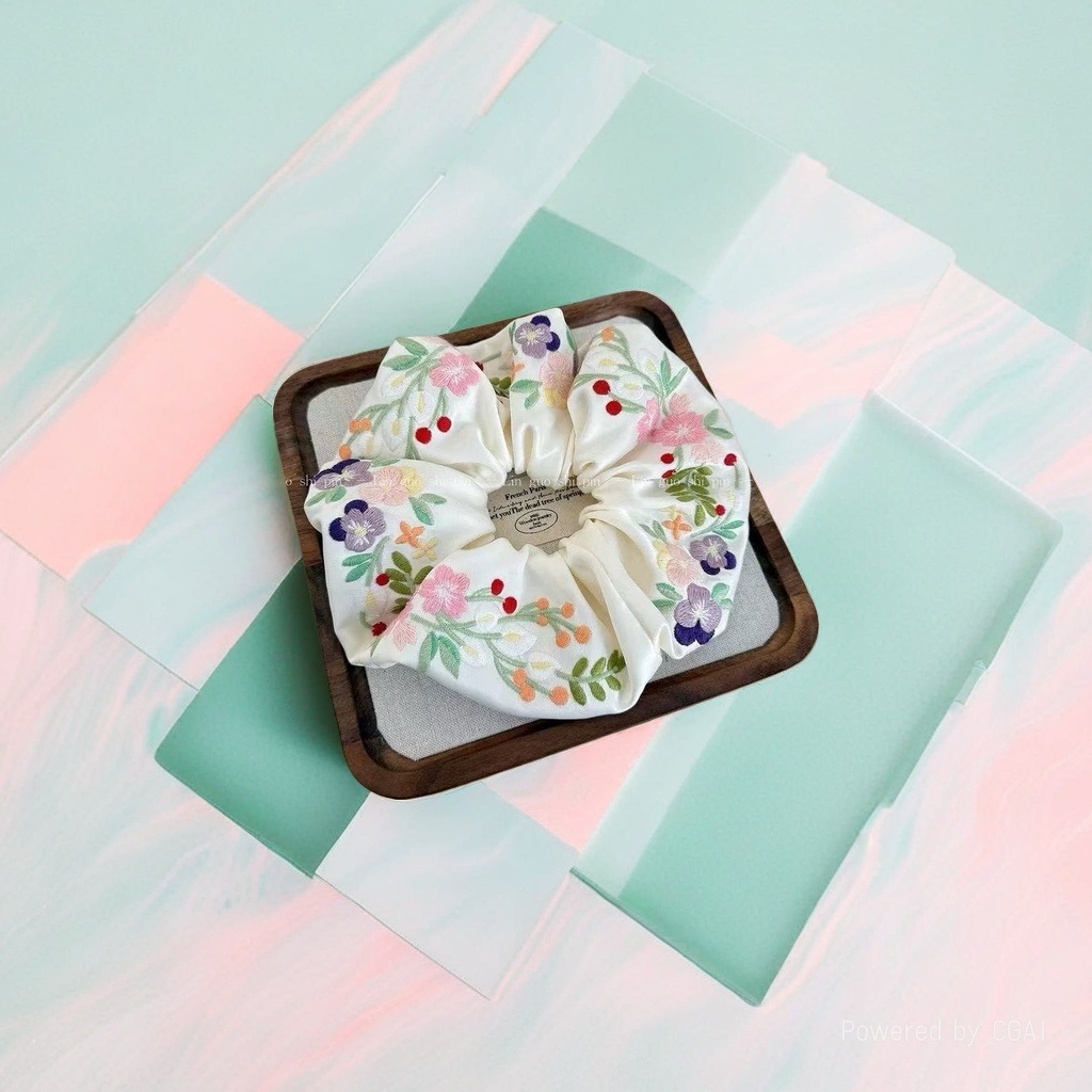 Embroidered flower large intestine hair band, hair accessory, square scarf cover decoration details Picture