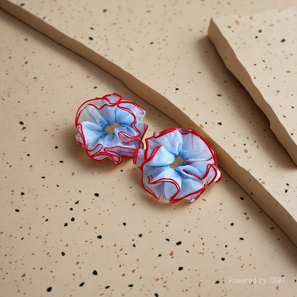 Blue gauze, red border, large intestine hair band, hair accessory, square scarf Specification image
