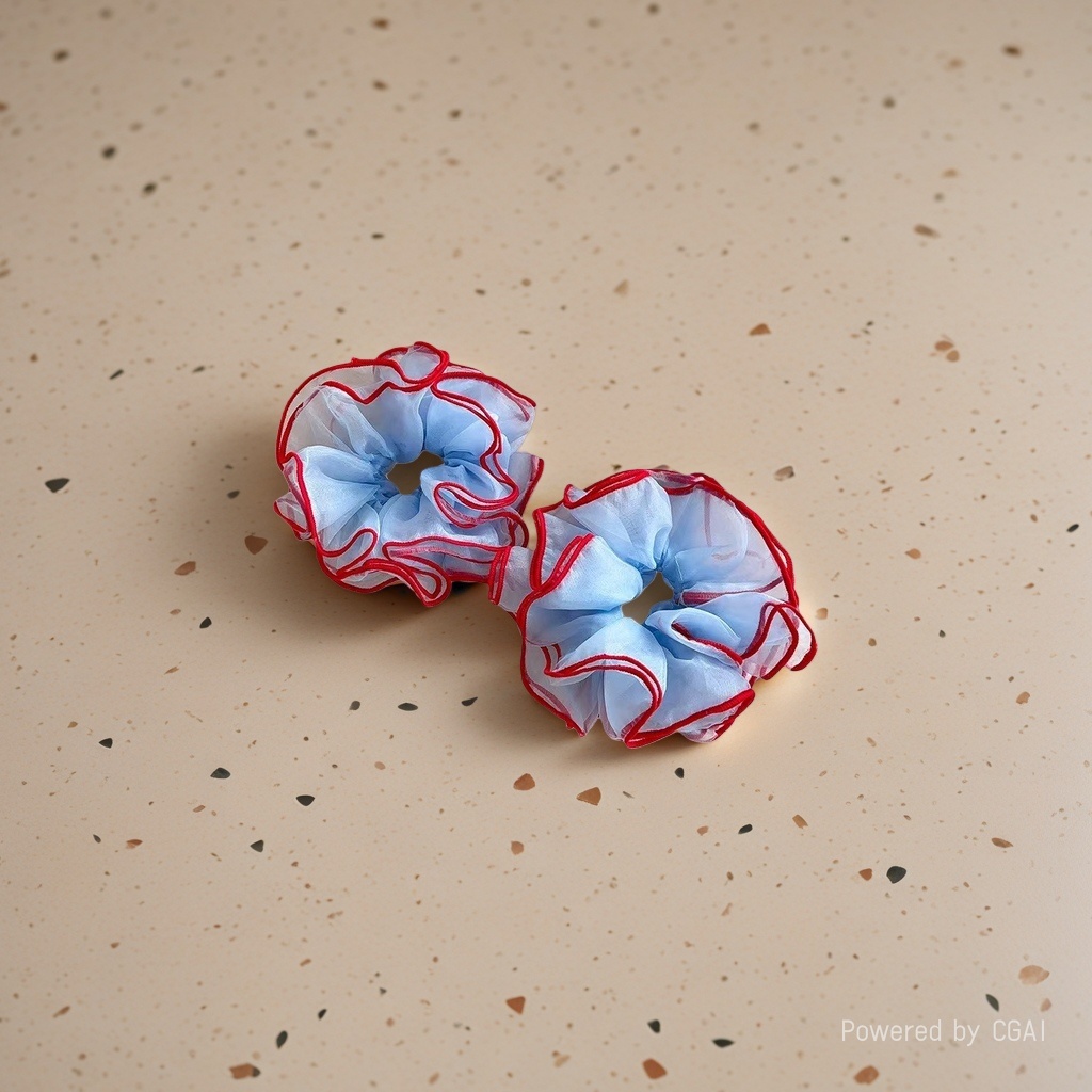 Blue gauze, red border, large intestine hair band, hair accessory, square scarf details Picture