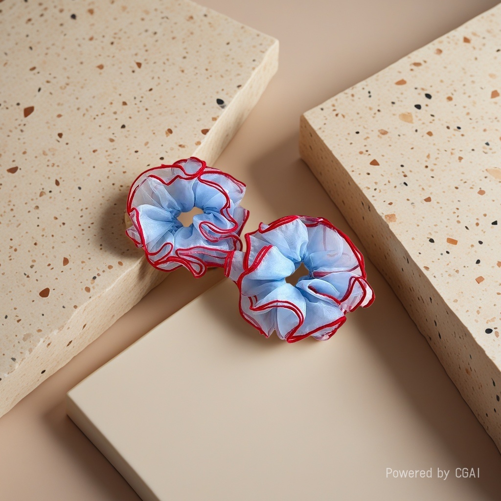 Blue gauze, red border, large intestine hair band, hair accessory, square scarf