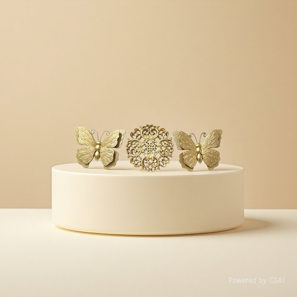 金色蝴蝶金属工艺品、花玫瑰加小熊花束成品无底座金色花纹装饰